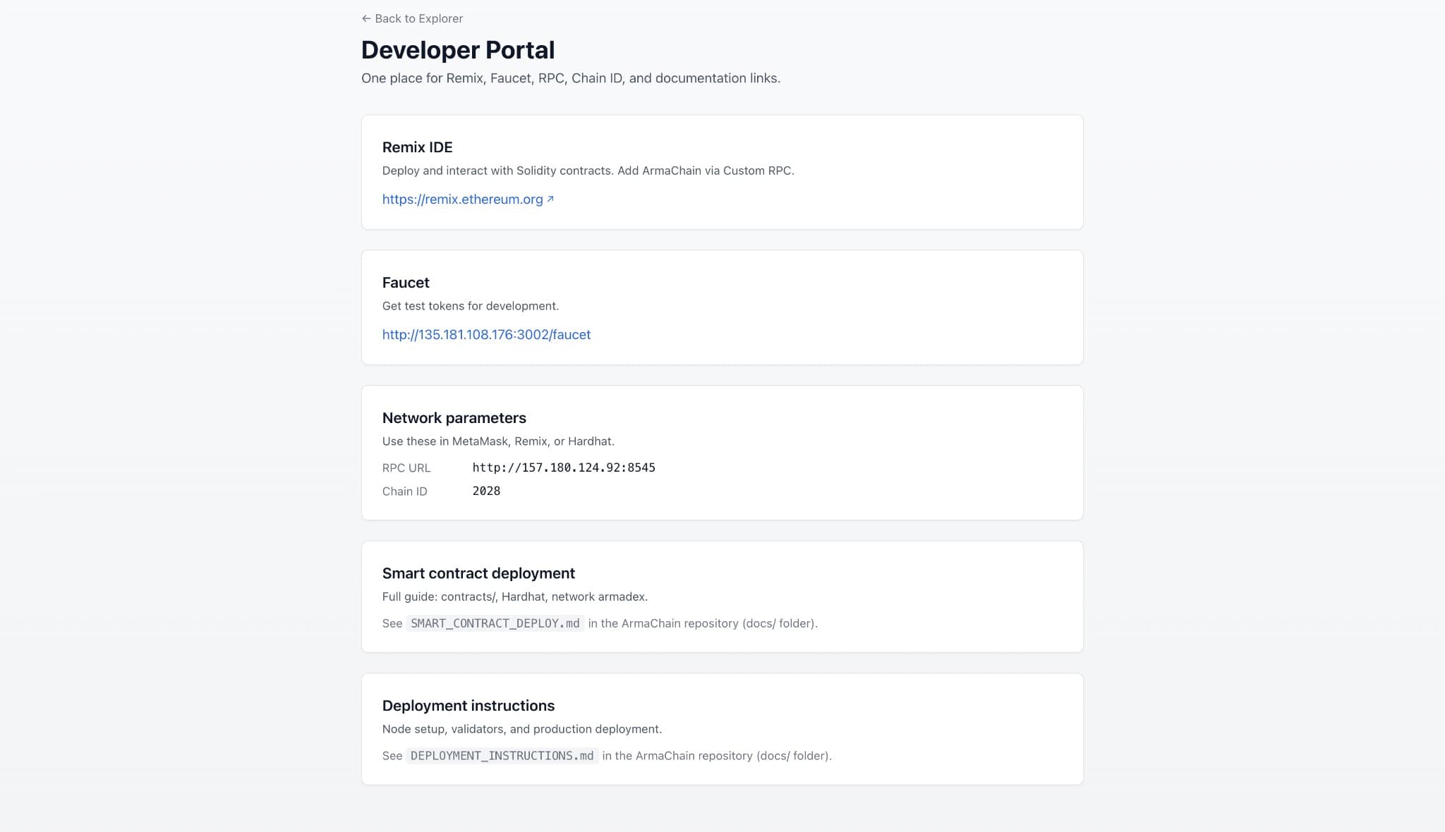 Developer Portal: Remix IDE, Faucet, RPC, Chain ID, deployment docs