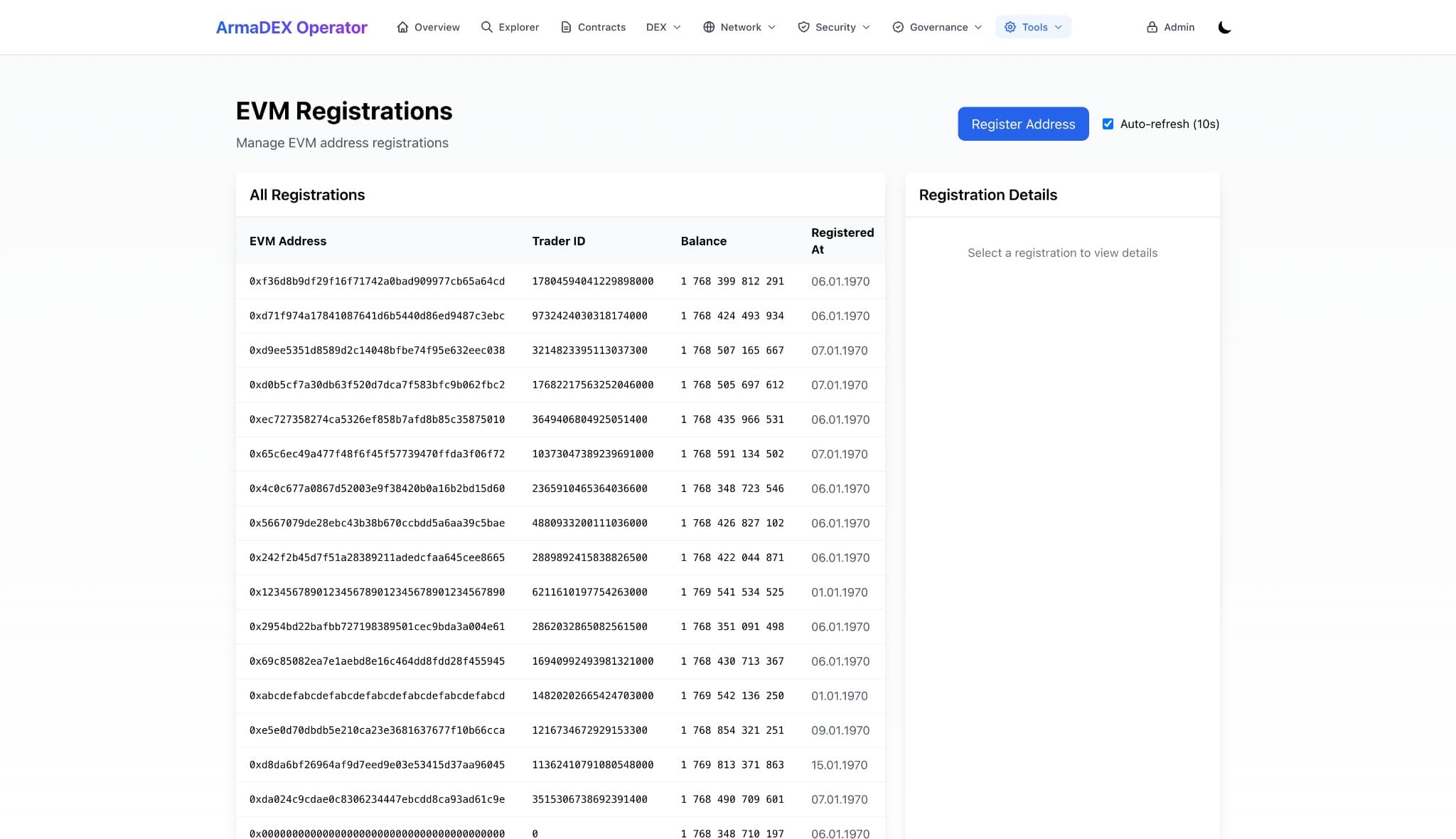 EVM Registrations: address‑to‑trader mapping, balances