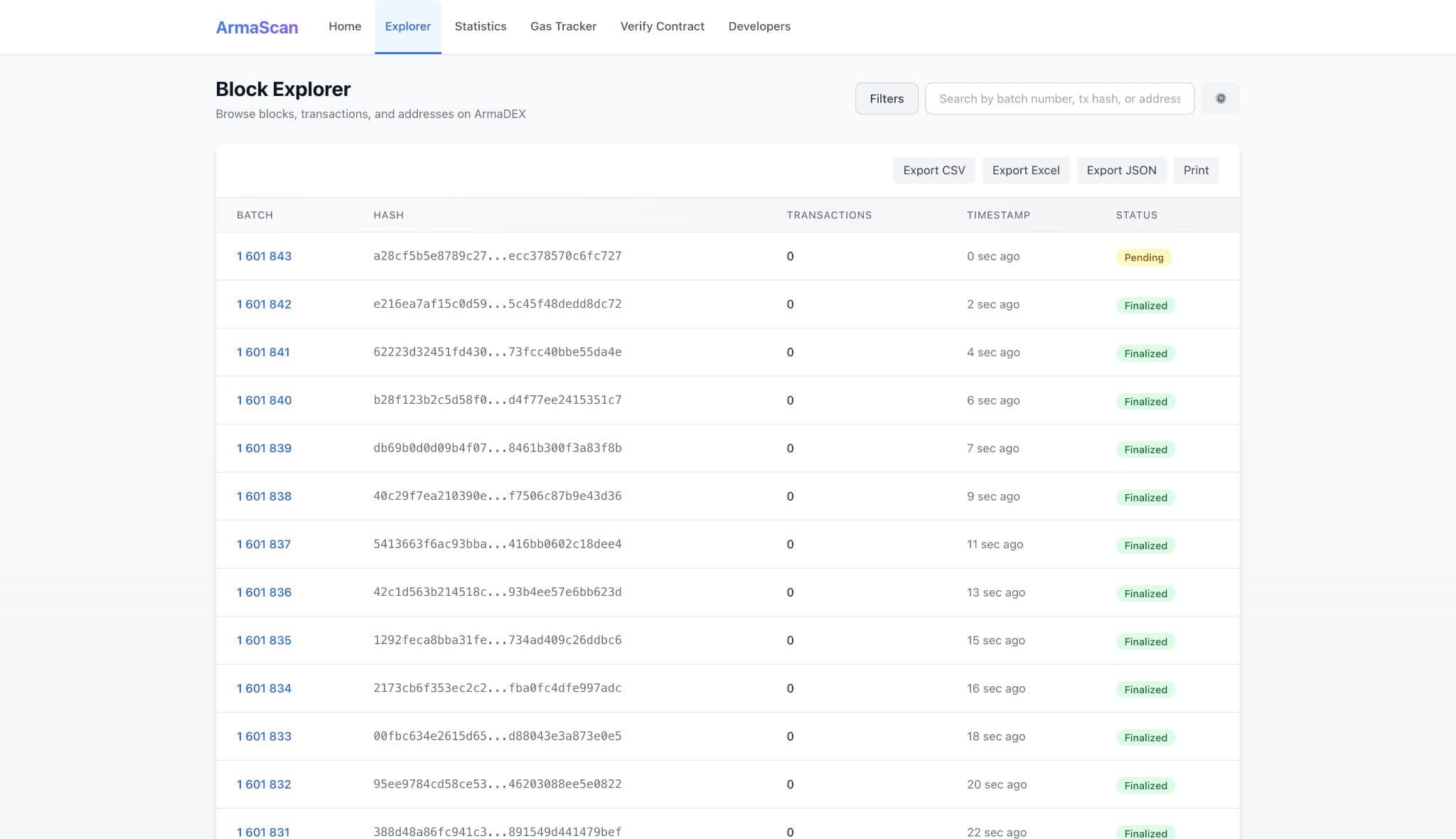 Block Explorer: batch list with hash, transactions, timestamp, status