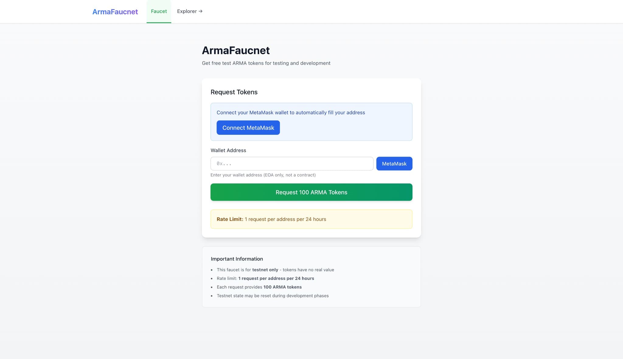 Faucet: request test tokens, MetaMask integration