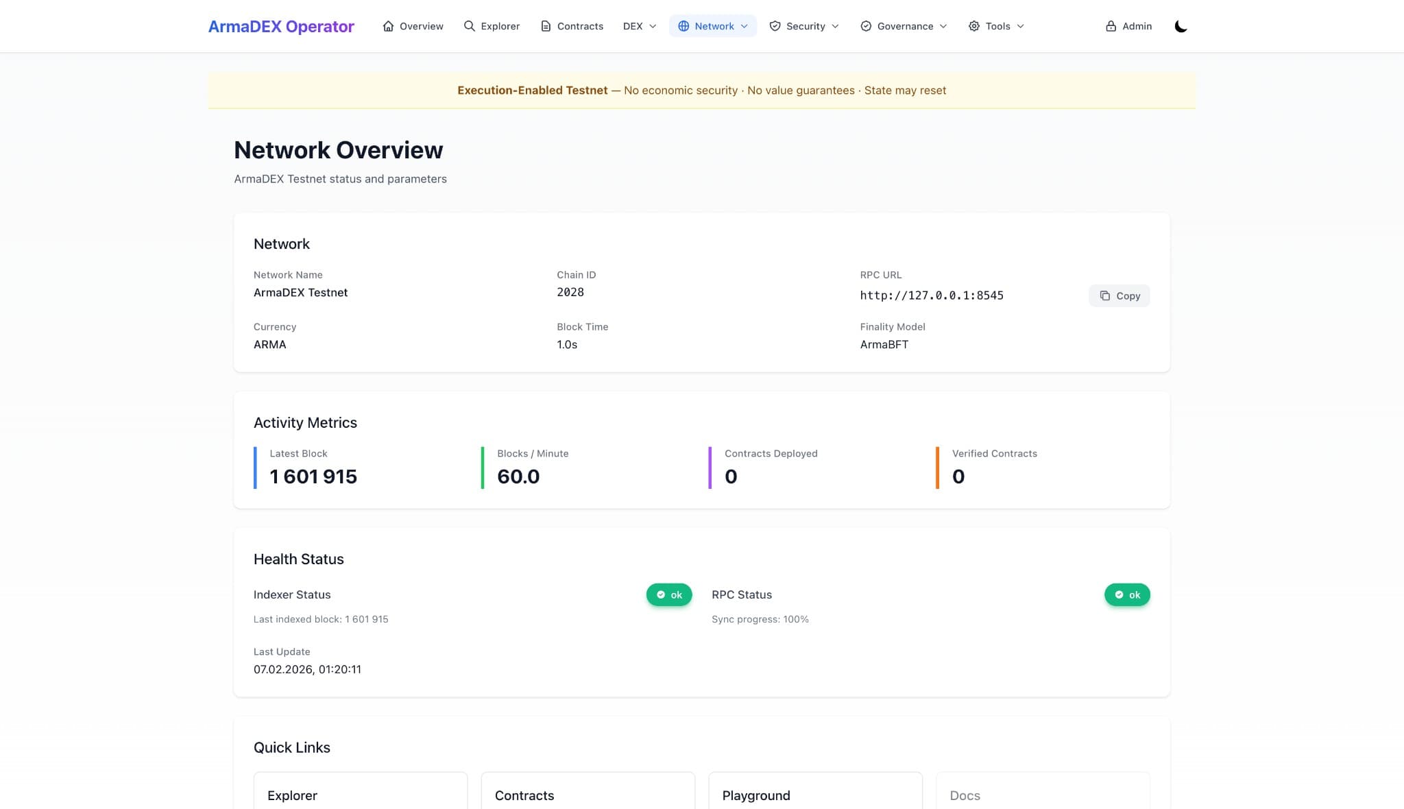 Network Overview: chain params, activity metrics, health status