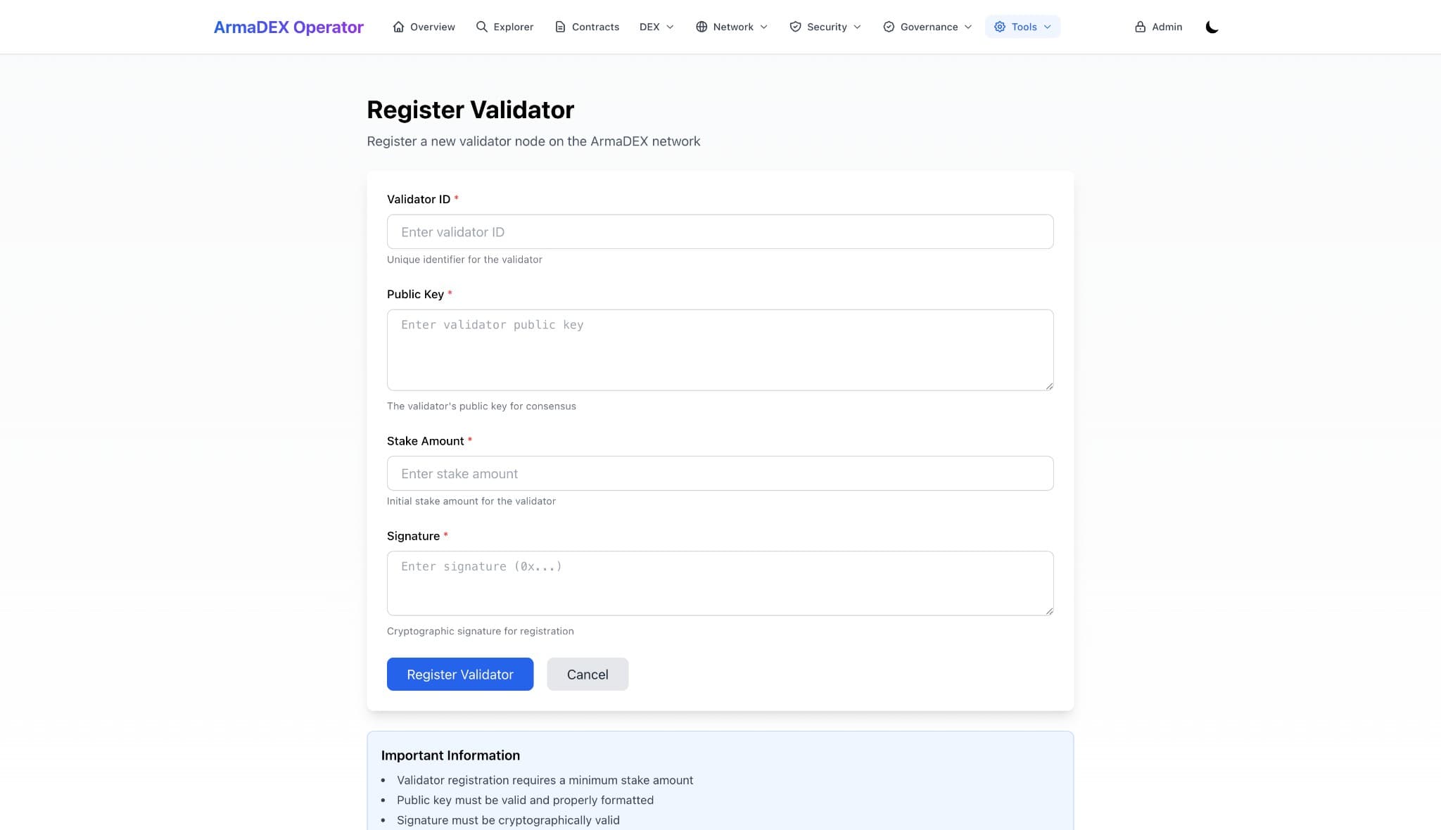 Register Validator: ID, public key, stake, signature