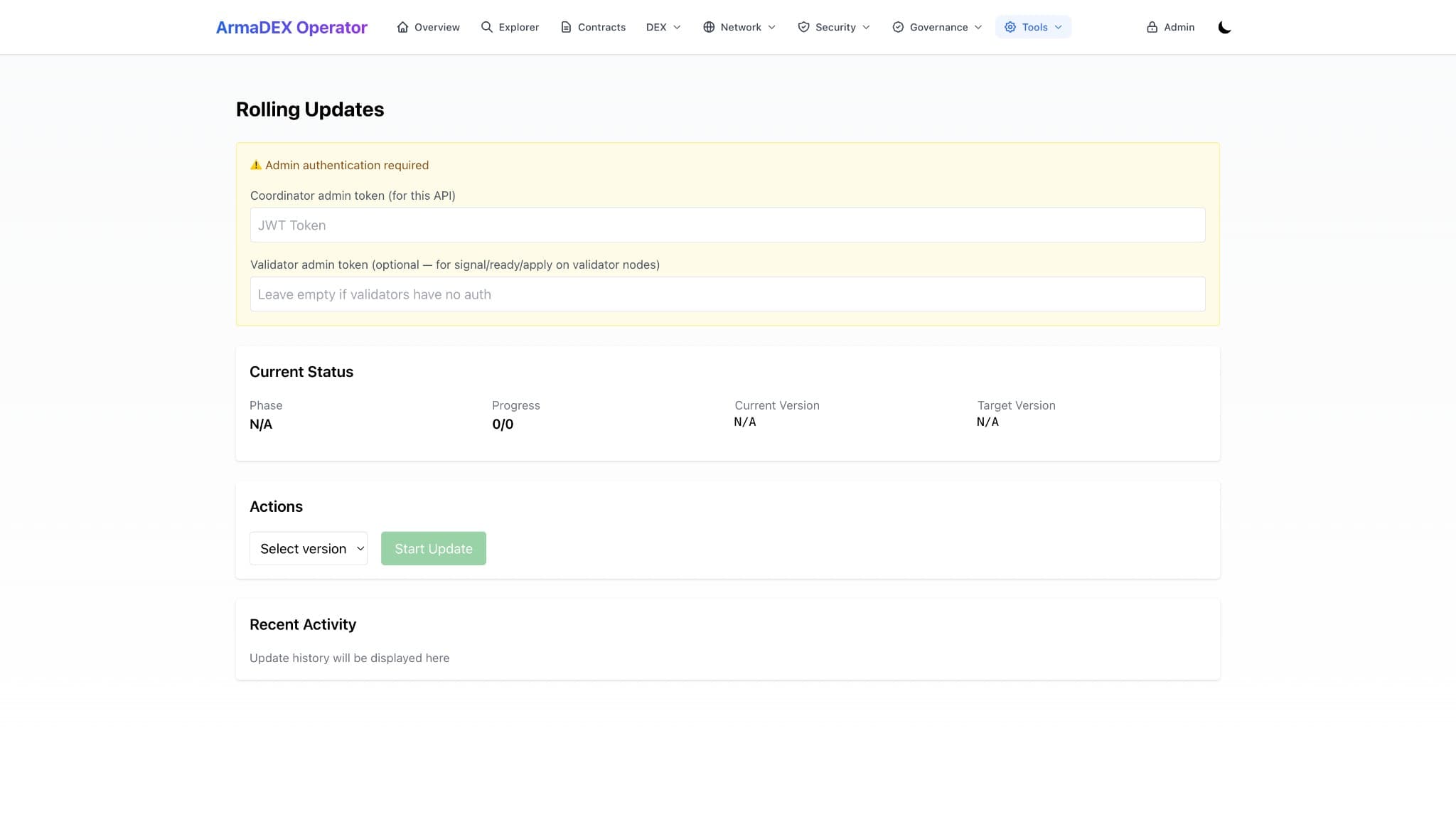 Rolling Updates: version management, admin auth