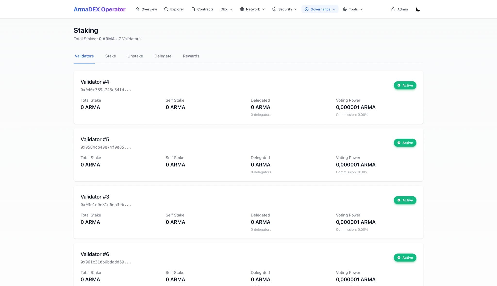 Staking: validators with stake, delegation, voting power