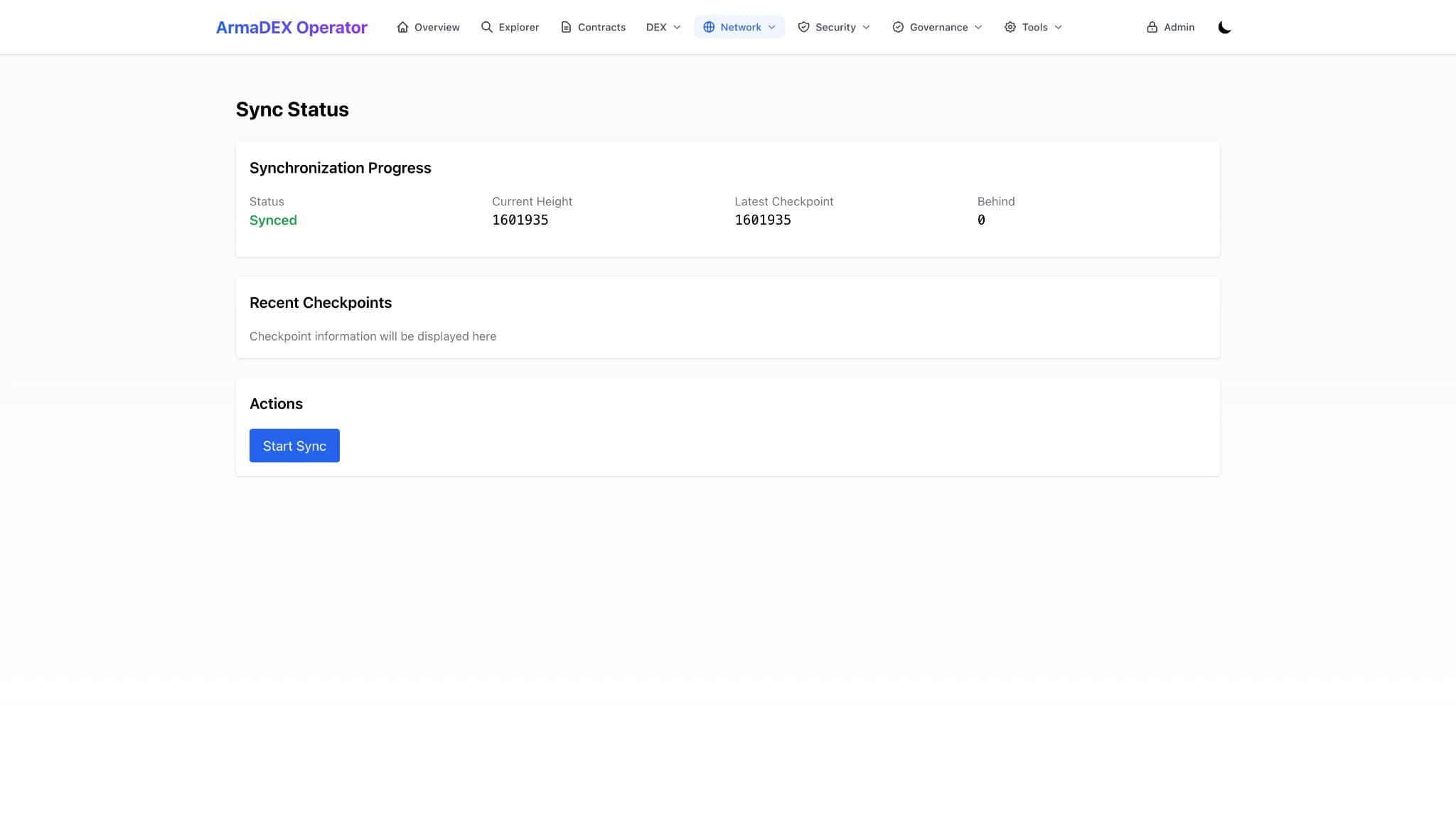 Sync Status: progress, current height, latest checkpoint