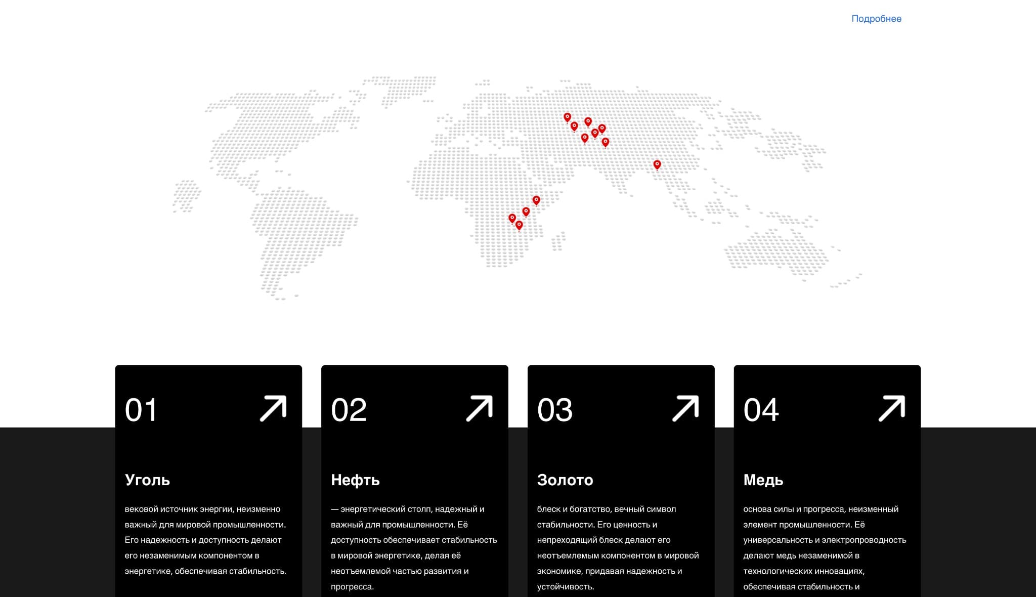 World map — mining locations with resource cards grid (Coal, Oil, Gold, Copper)