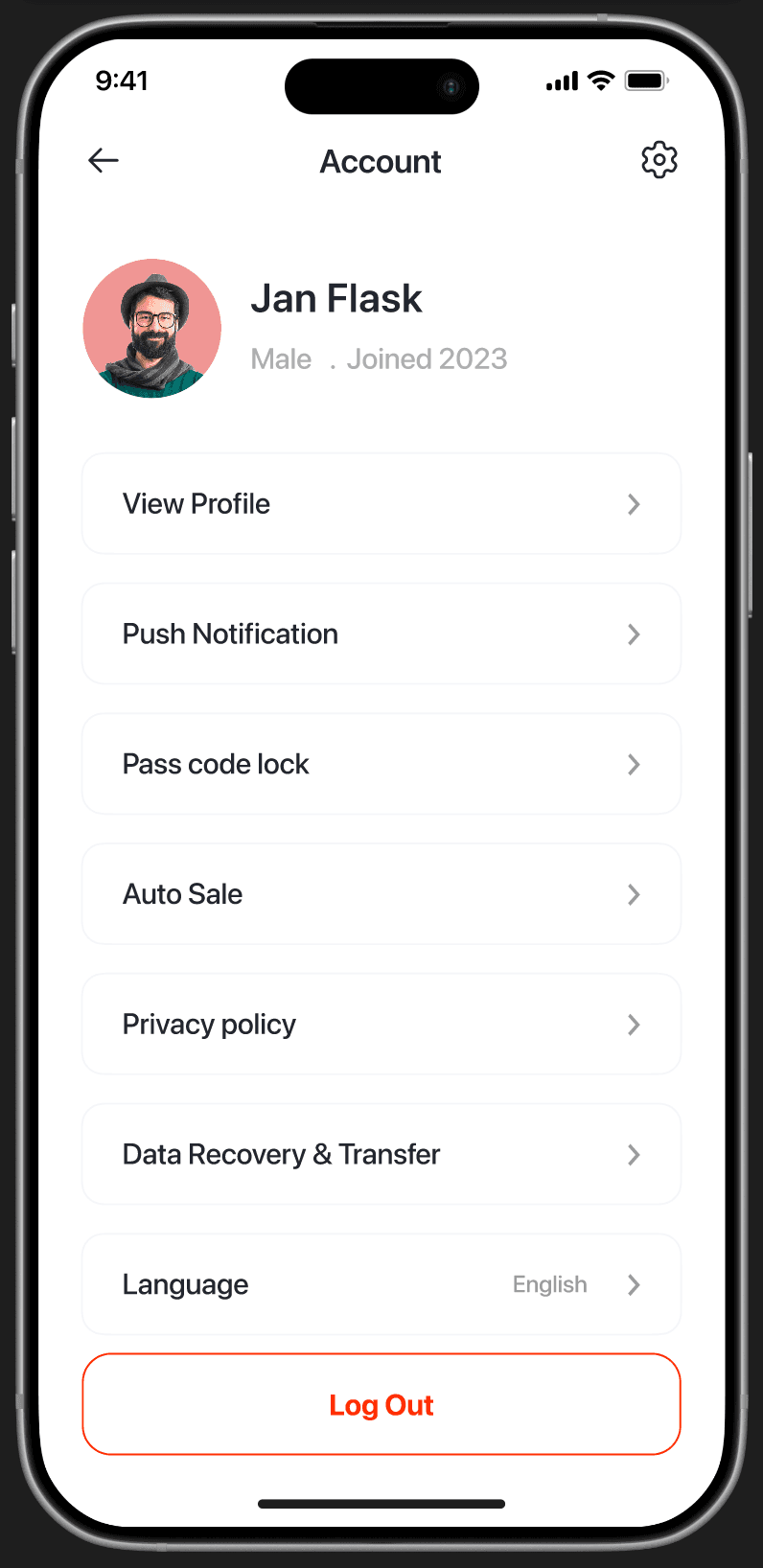 Account — avatar + 'Jan Flask' (Male, Joined 2023), menu: View Profile, Push Notification, Pass code lock, Auto Sale, Privacy policy, Data Recovery, Language, 'Log Out'