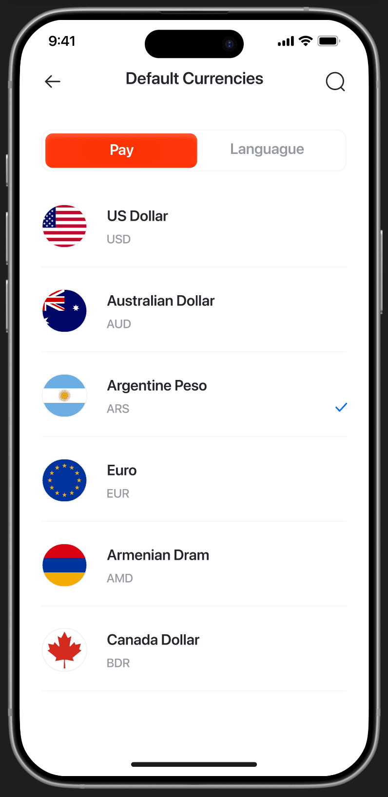 Default Currencies — Pay/Language tabs, currency list with flags (USD, AUD, ARS ✓, EUR, AMD, CAD), search icon