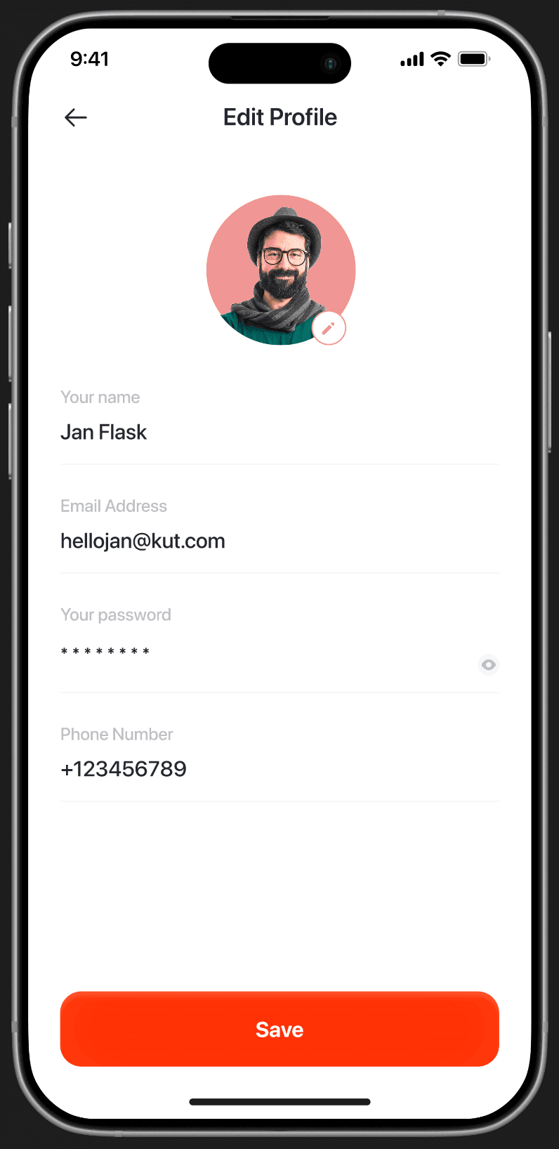 Edit Profile — large centered avatar with camera edit badge, editable fields (name, email, password, phone), 'Save' CTA