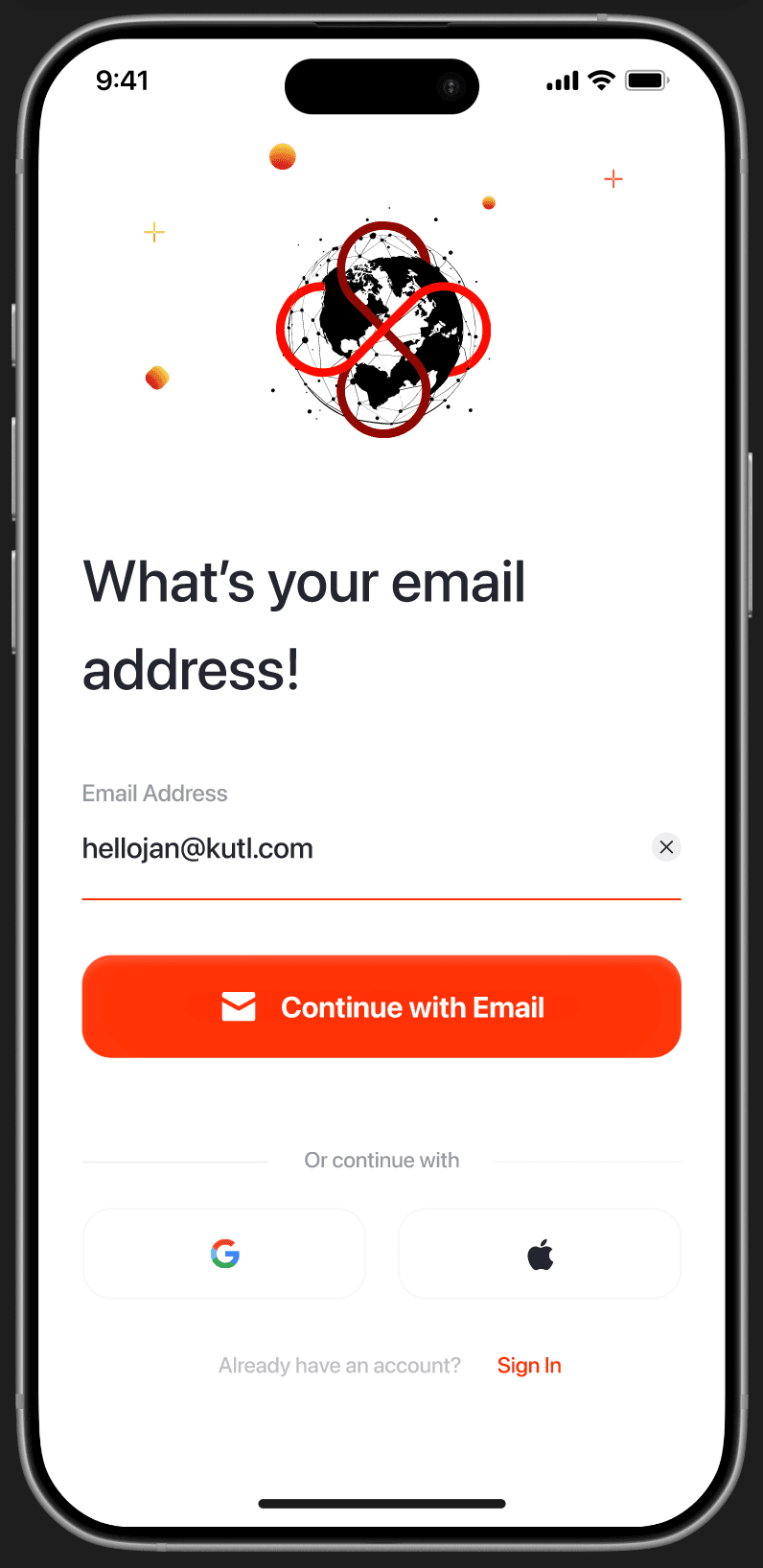 Email signup — KutWallet logo, 'What's your email address!', email input, 'Continue with Email' CTA, Google + Apple OAuth