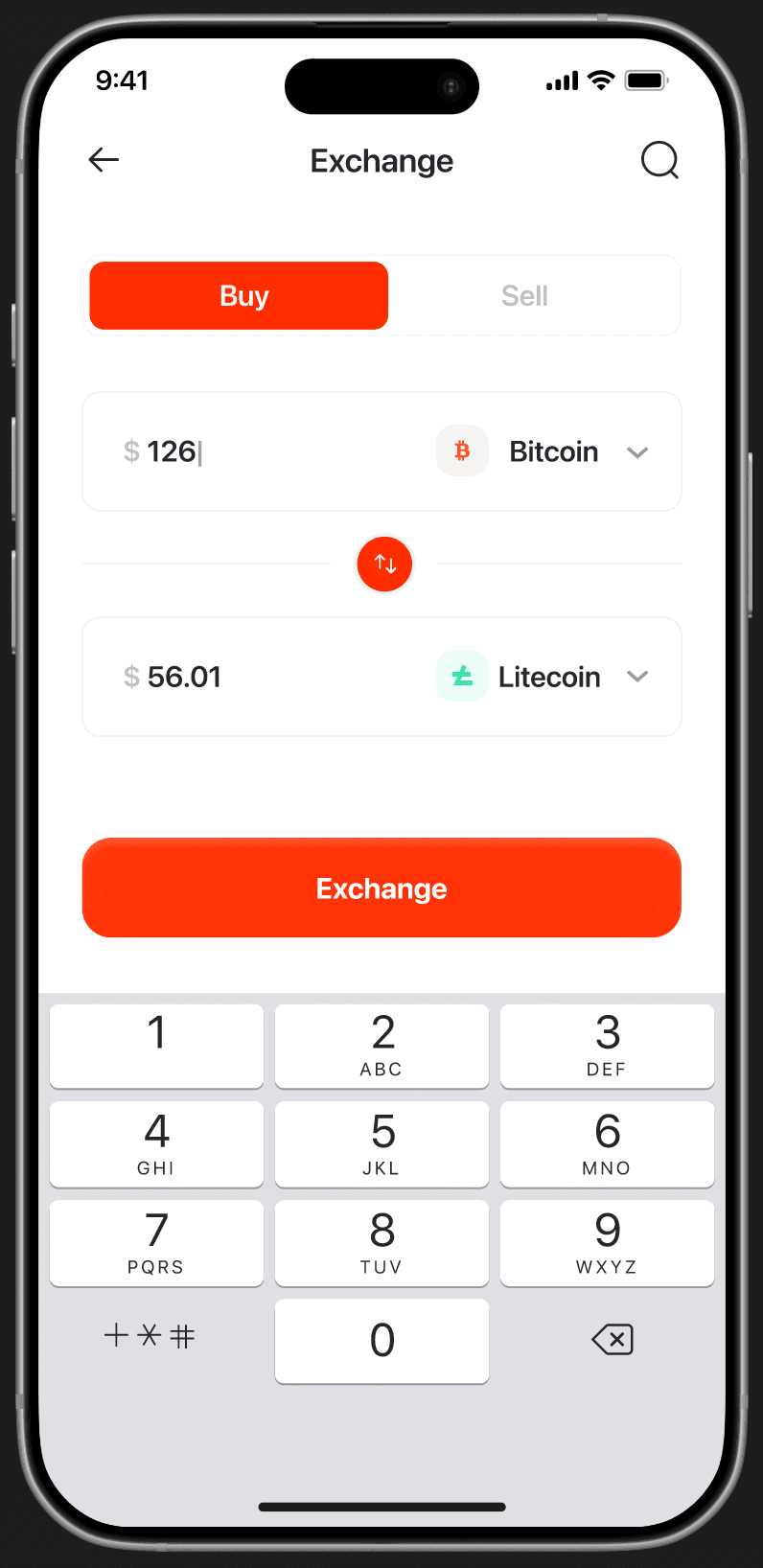 Exchange form — Buy/Sell toggle, $126 USD → Bitcoin input, swap icon, $56.01 Litecoin output, 'Exchange' CTA, numeric keyboard