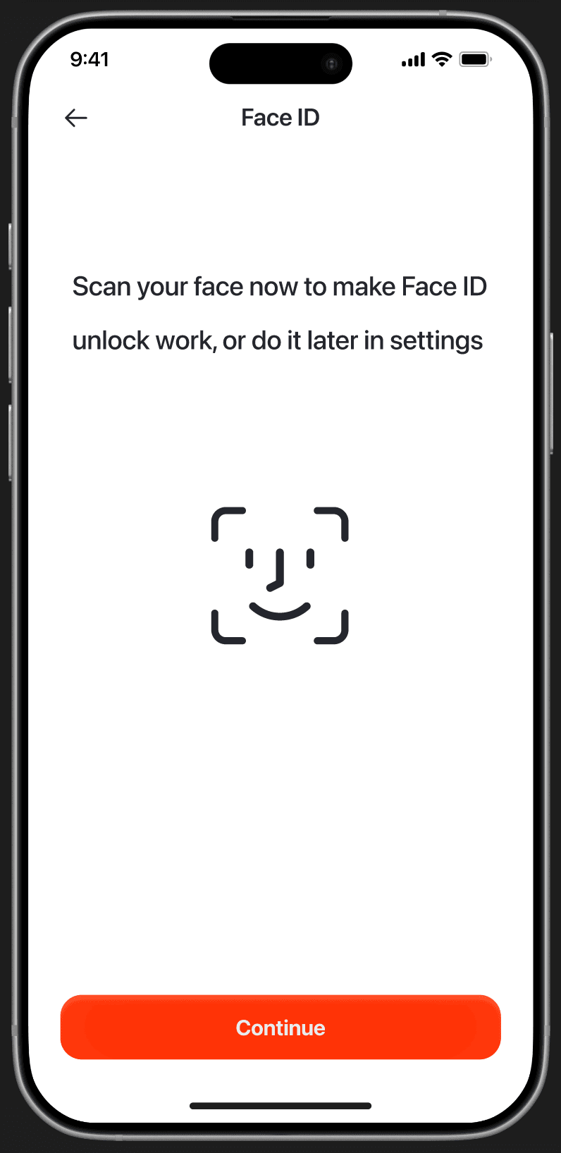 Face ID setup — 'Scan your face now to make Face ID unlock work, or do it later in settings', face scan icon, 'Continue' CTA