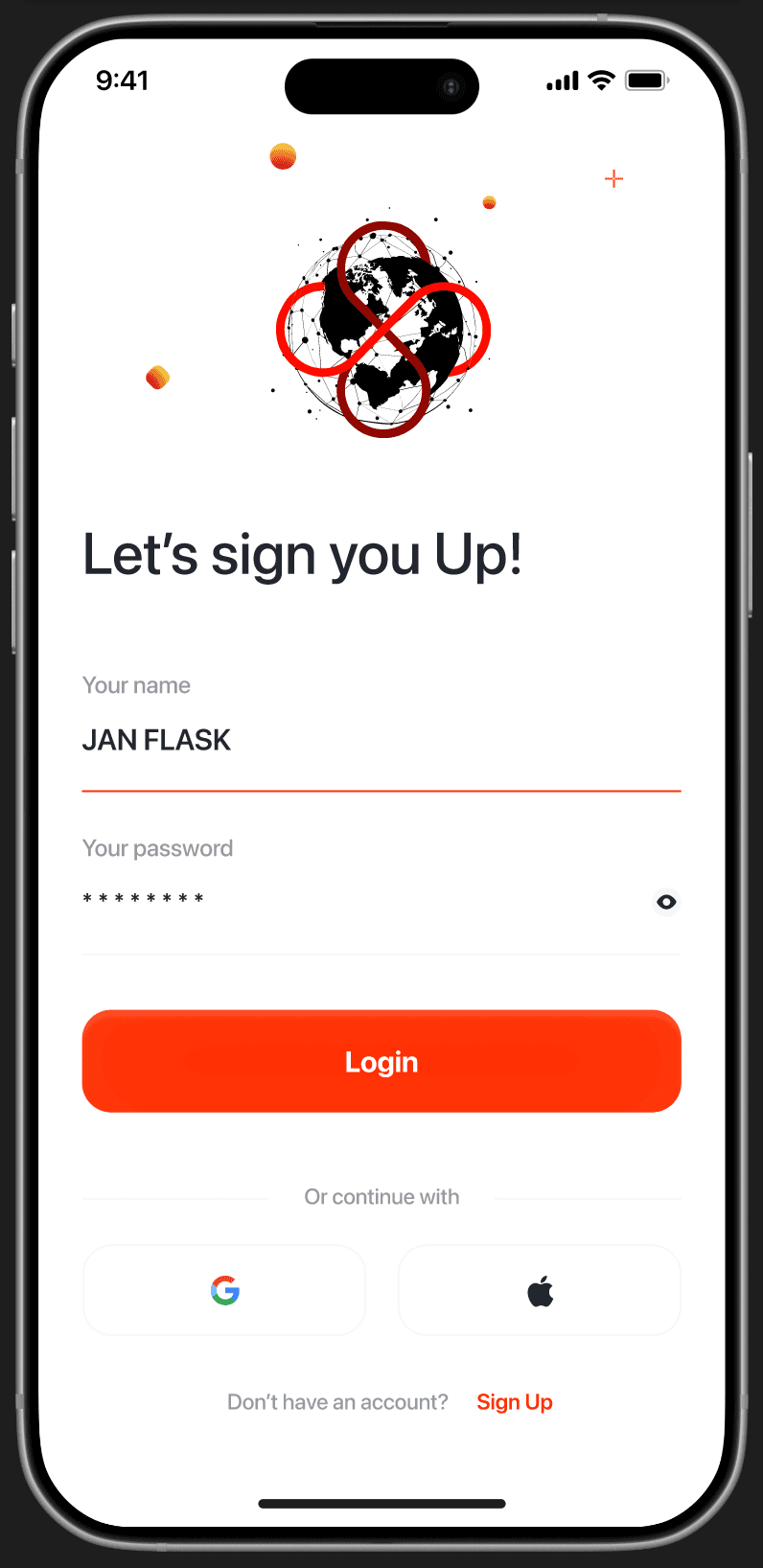 Login — 'Let's sign you Up!', name + password fields, password visibility toggle, Google + Apple OAuth, 'Sign Up' link