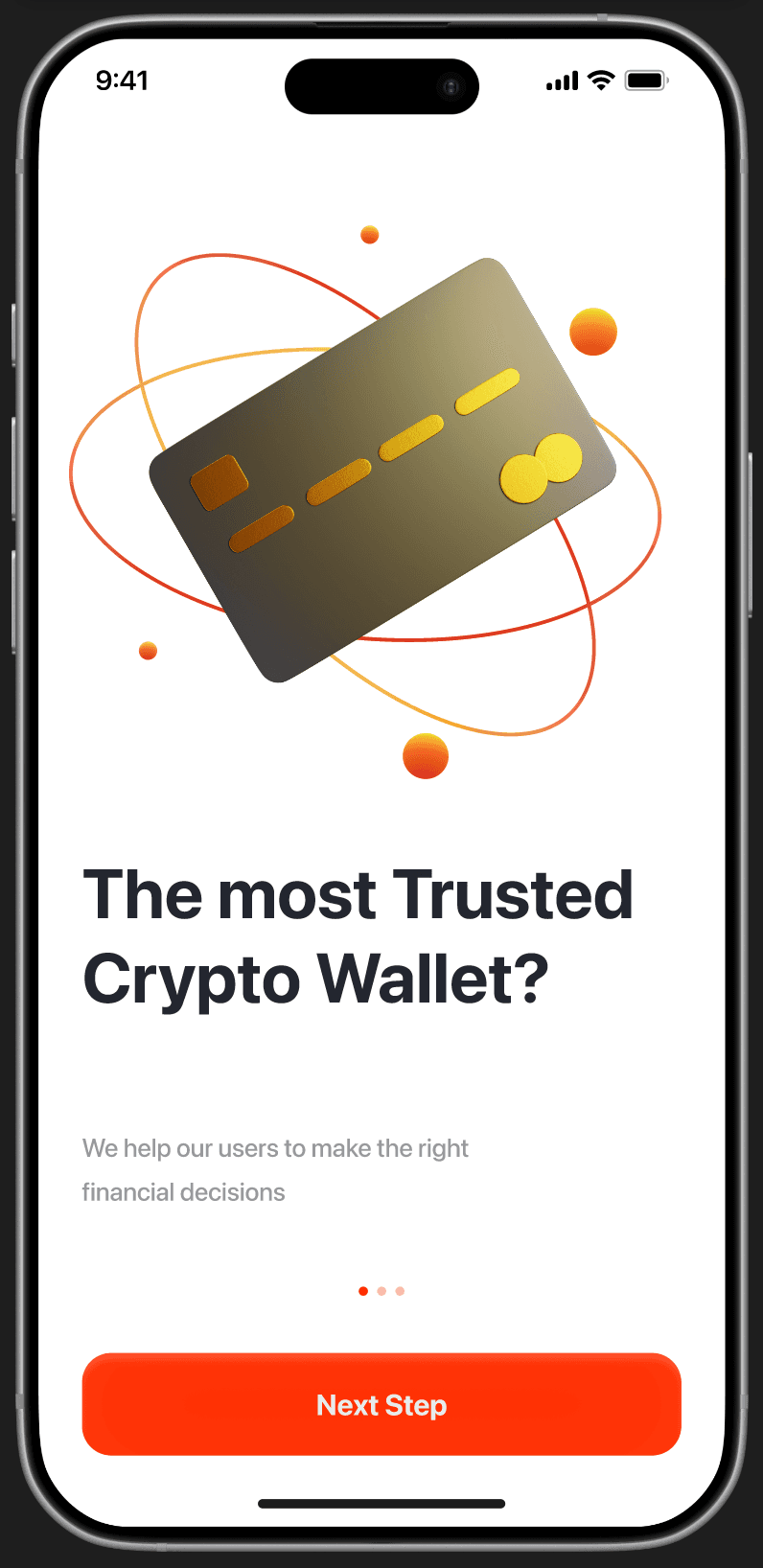 Onboarding step 1 — 'The most Trusted Crypto Wallet?' with 3D gold credit card, orange orbital rings, 'Next Step' CTA