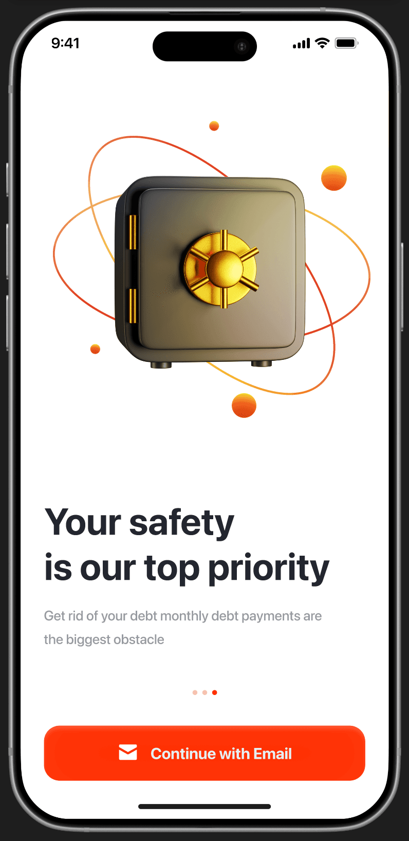 Onboarding step 3 — 'Your safety is our top priority' with 3D gold vault safe, 'Continue with Email' CTA