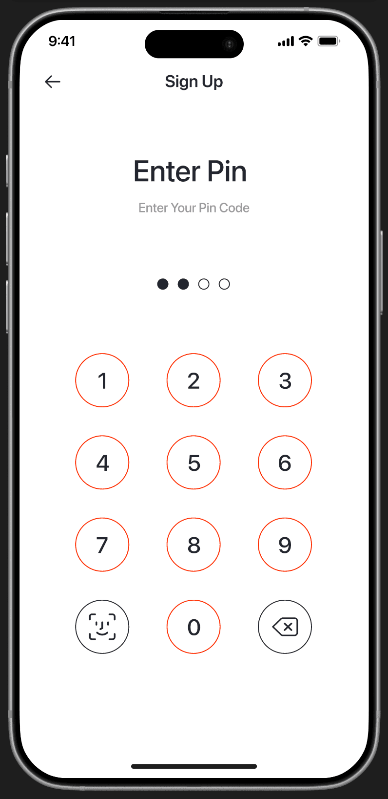 PIN setup (Sign Up) — 'Enter Pin' with 4 circular dot indicators, custom numeric keypad with Face ID icon, orange‑bordered keys