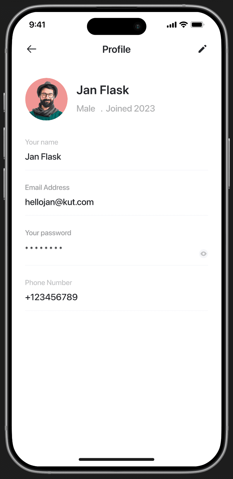 Profile (read‑only) — avatar, name 'Jan Flask', email 'hellojan@kut.com', password (masked), phone '+123456789'