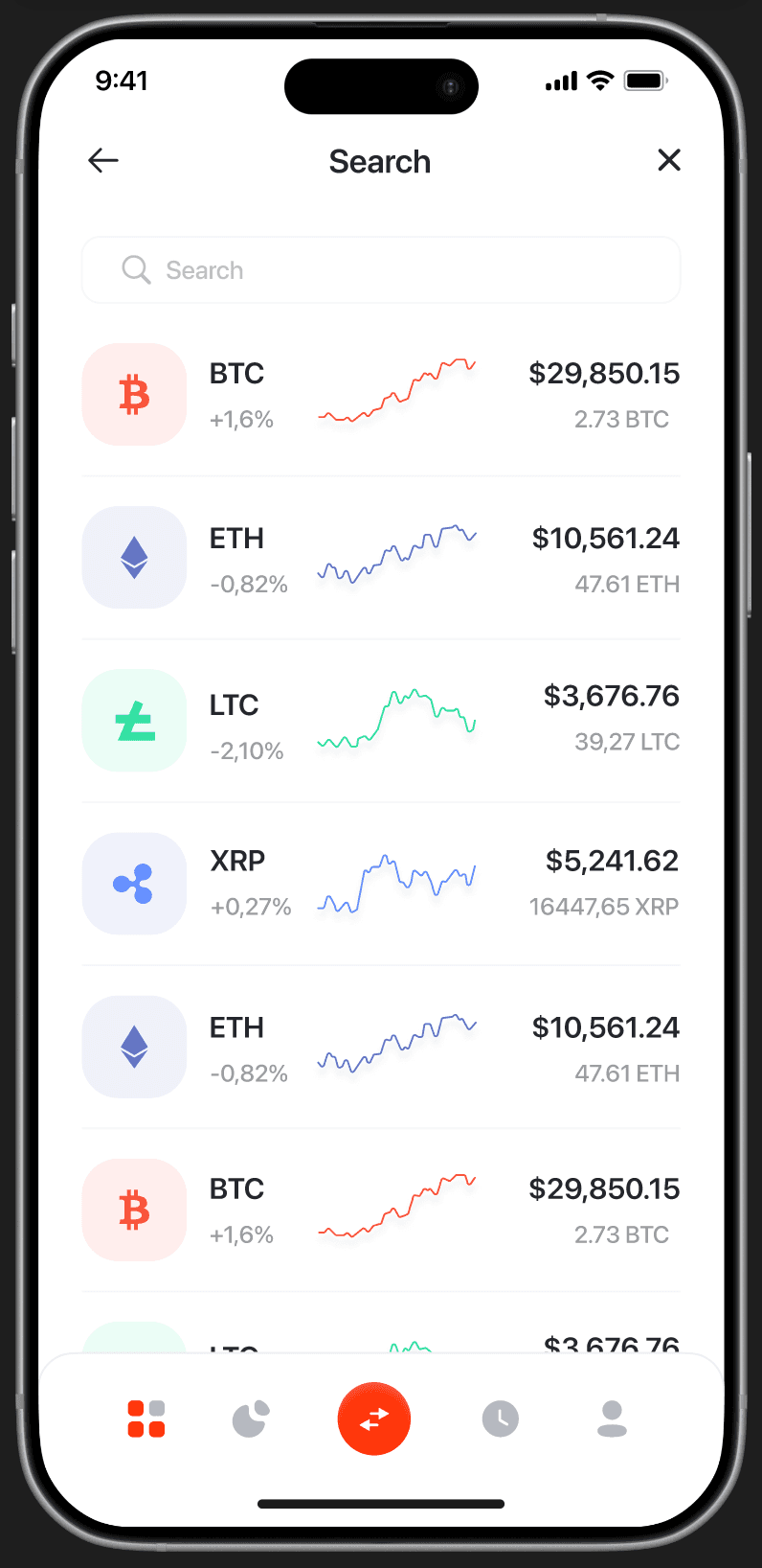 Search — search input field, full asset list (BTC, ETH, LTC, XRP) with sparklines and prices, close button
