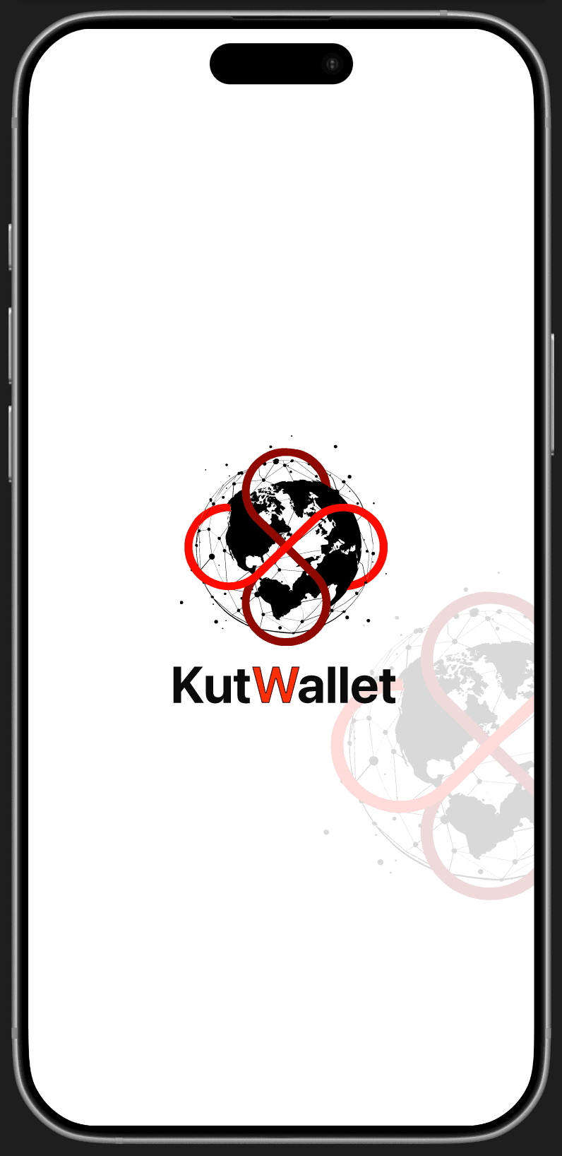 Splash — KutWallet globe‑infinity animated logo on white background with watermark