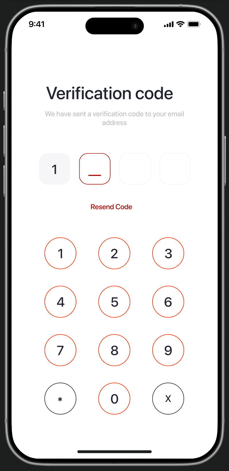 Verification code — 4‑digit OTP input with custom numeric keypad, 'Resend Code' link, progress indicator