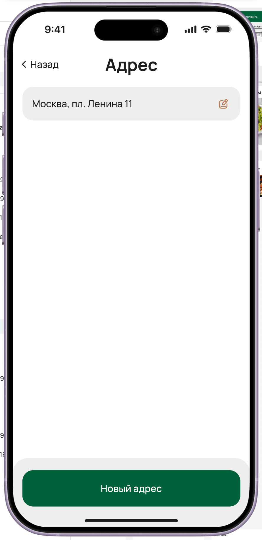 Address list — saved delivery address (Moscow, pl. Lenina 11) with edit icon, 'New address' button