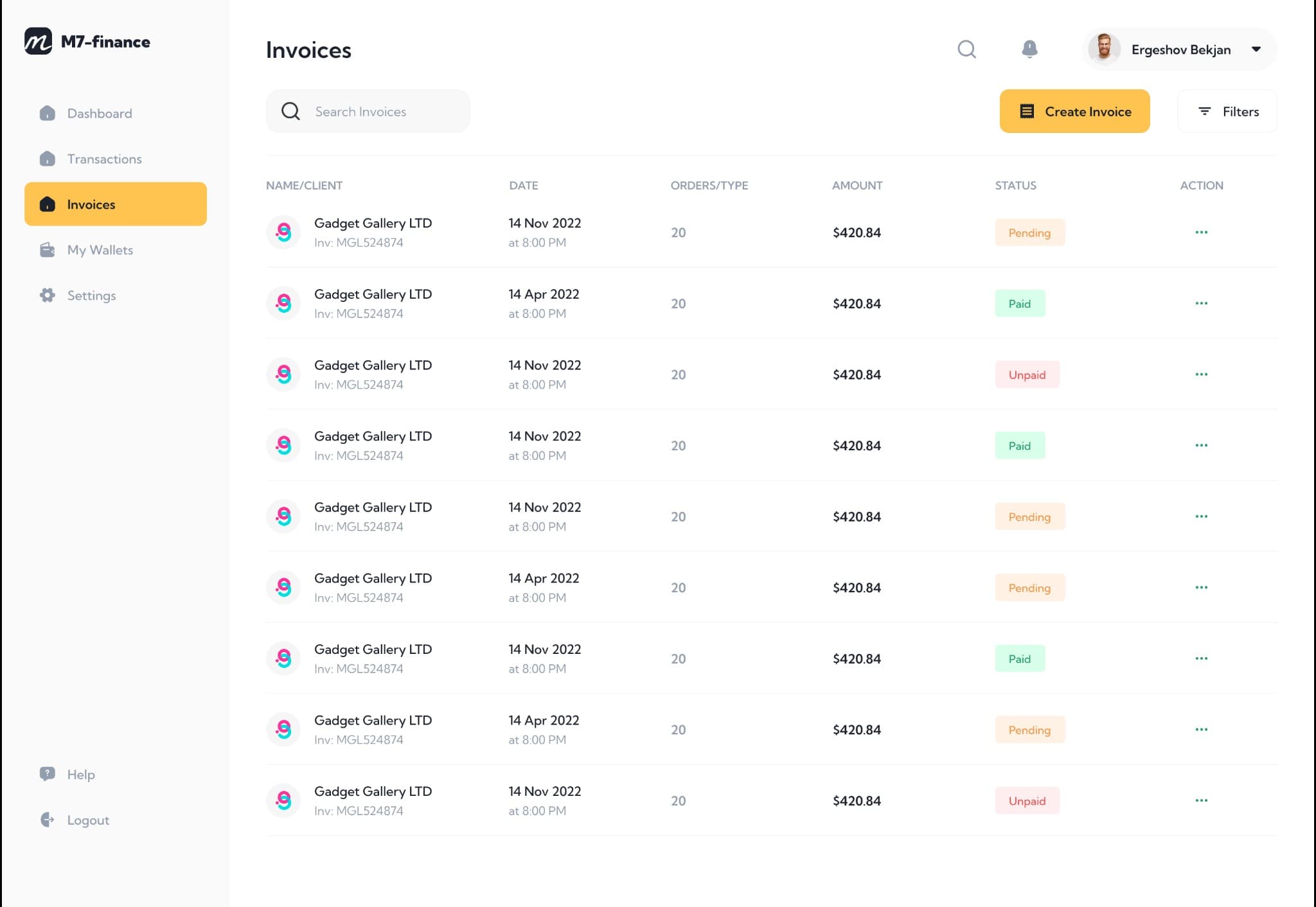 Invoices — list view with search, 'Create Invoice' button, filters, and status badges (Paid/Pending/Unpaid)