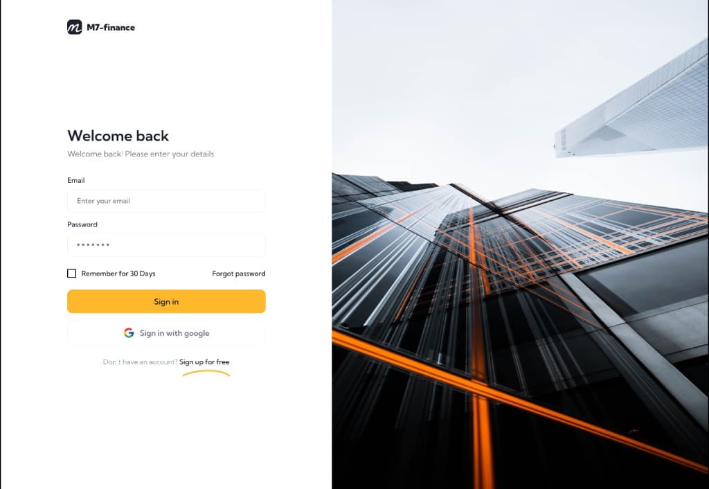 Sign In — email/password authentication with Google OAuth, 'Remember for 30 Days', and 'Forgot password'