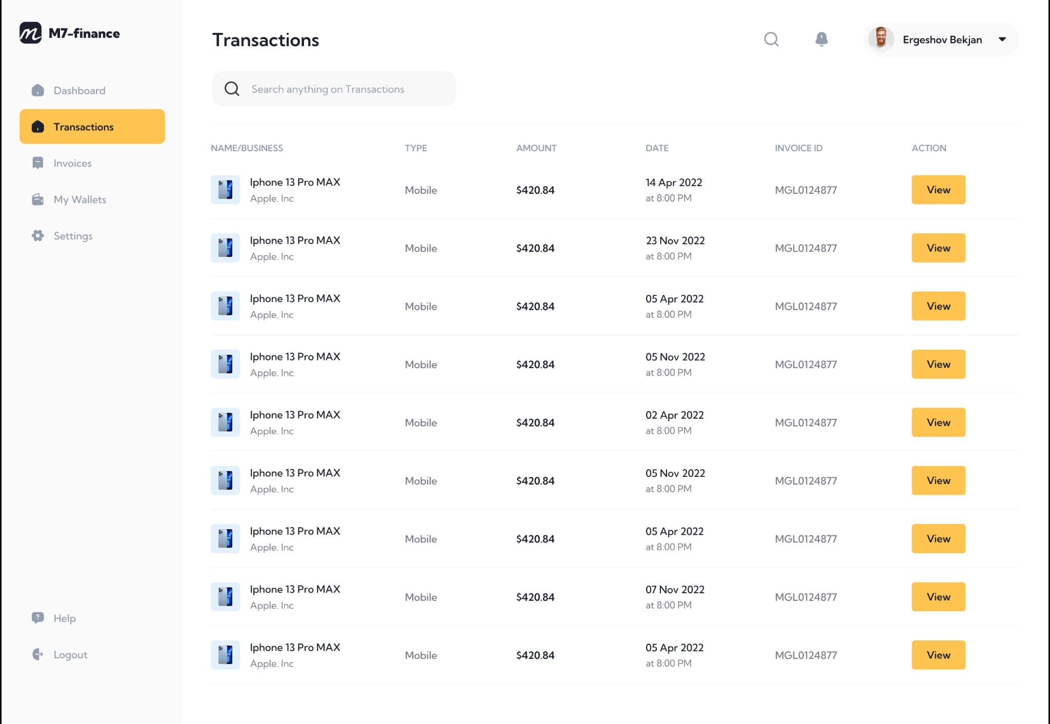 Transactions — searchable transaction list with Name/Business, Type, Amount, Date, Invoice ID, and View action