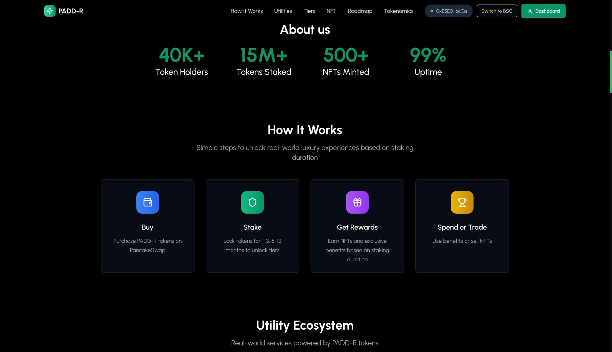 About Us metrics & How It Works flow (Buy → Stake → Rewards → Spend)
