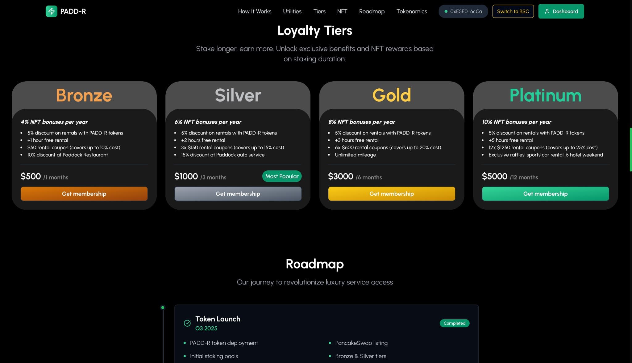 Loyalty Tiers — Bronze / Silver / Gold / Platinum with pricing
