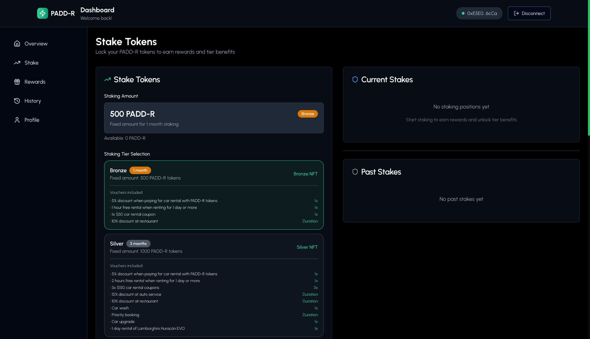 Stake Tokens — Tier selection with Bronze/Silver/Gold/Platinum plans