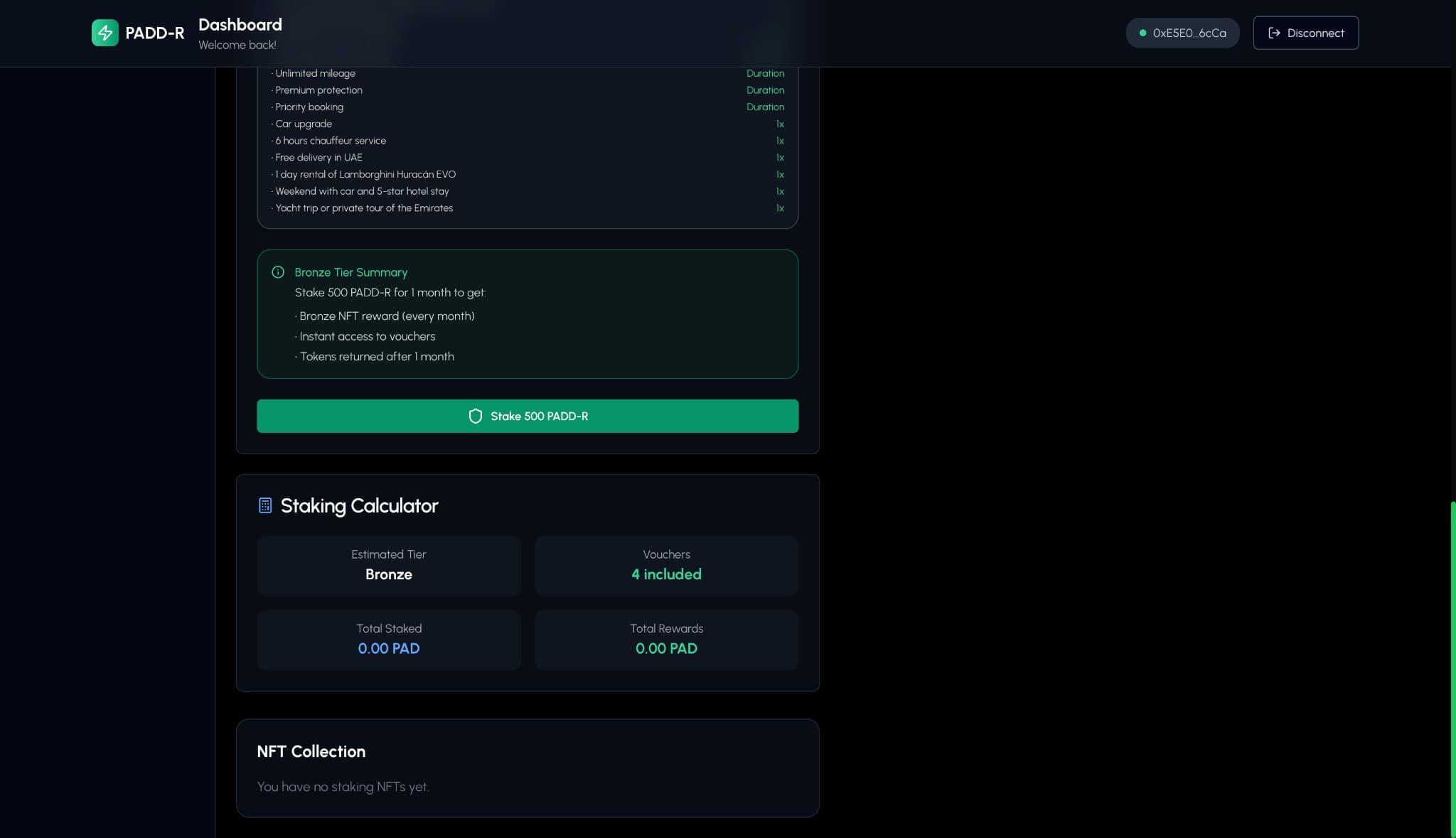 Staking Calculator — estimated tier, vouchers, totals