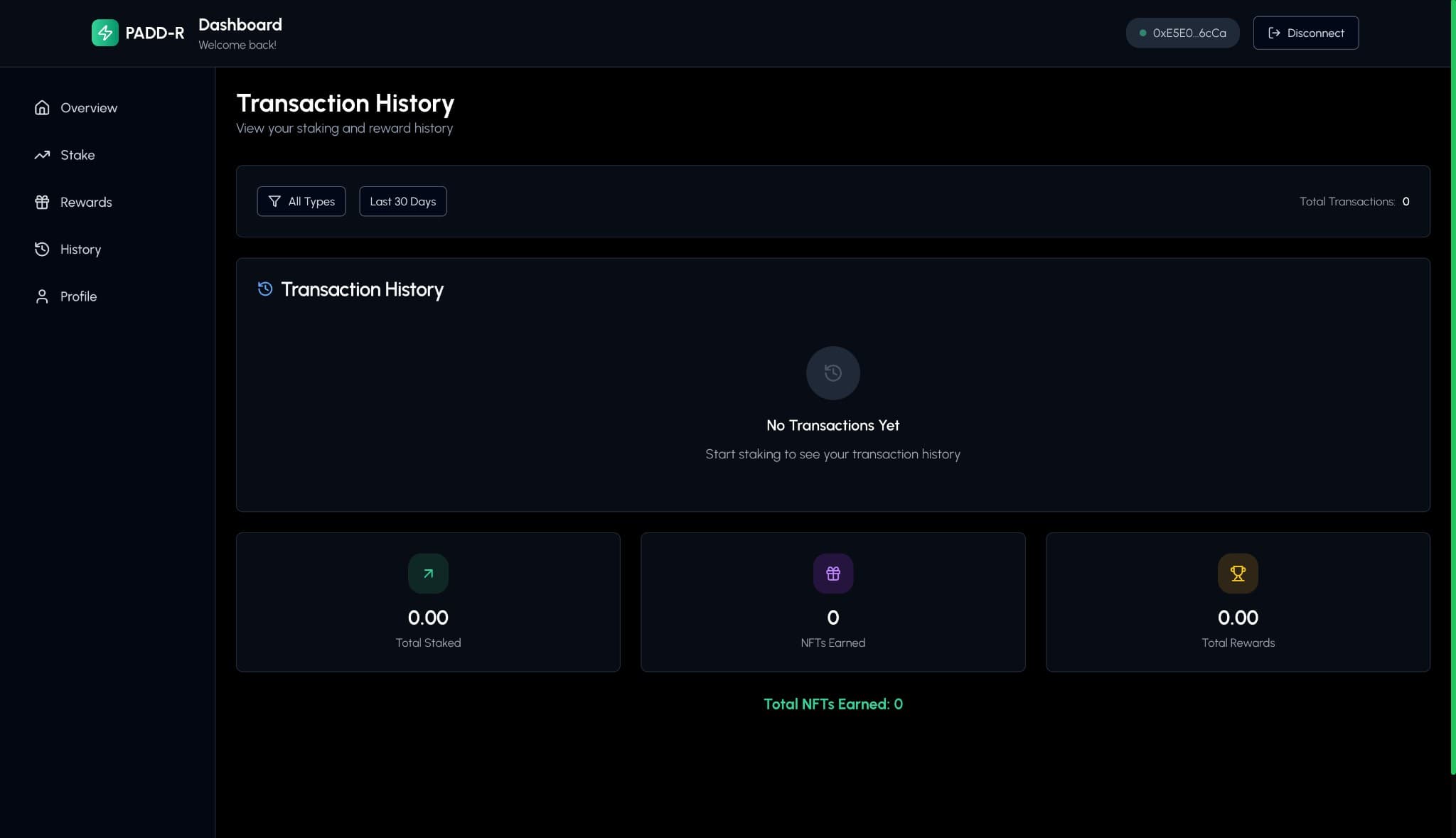 Transaction History — staking and reward records with stats