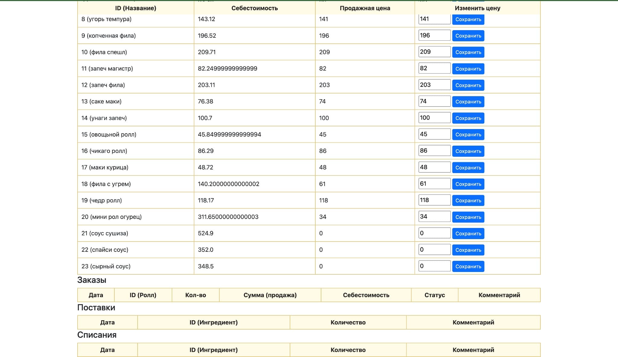 Roll pricing — cost, selling price, inline price editing