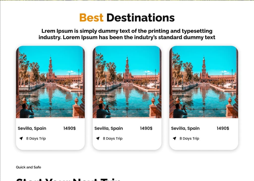 Best Destinations — 3‑column card grid: Sevilla Spain $1490, 8 Days Trip, with rounded destination photos and hover‑lift animation