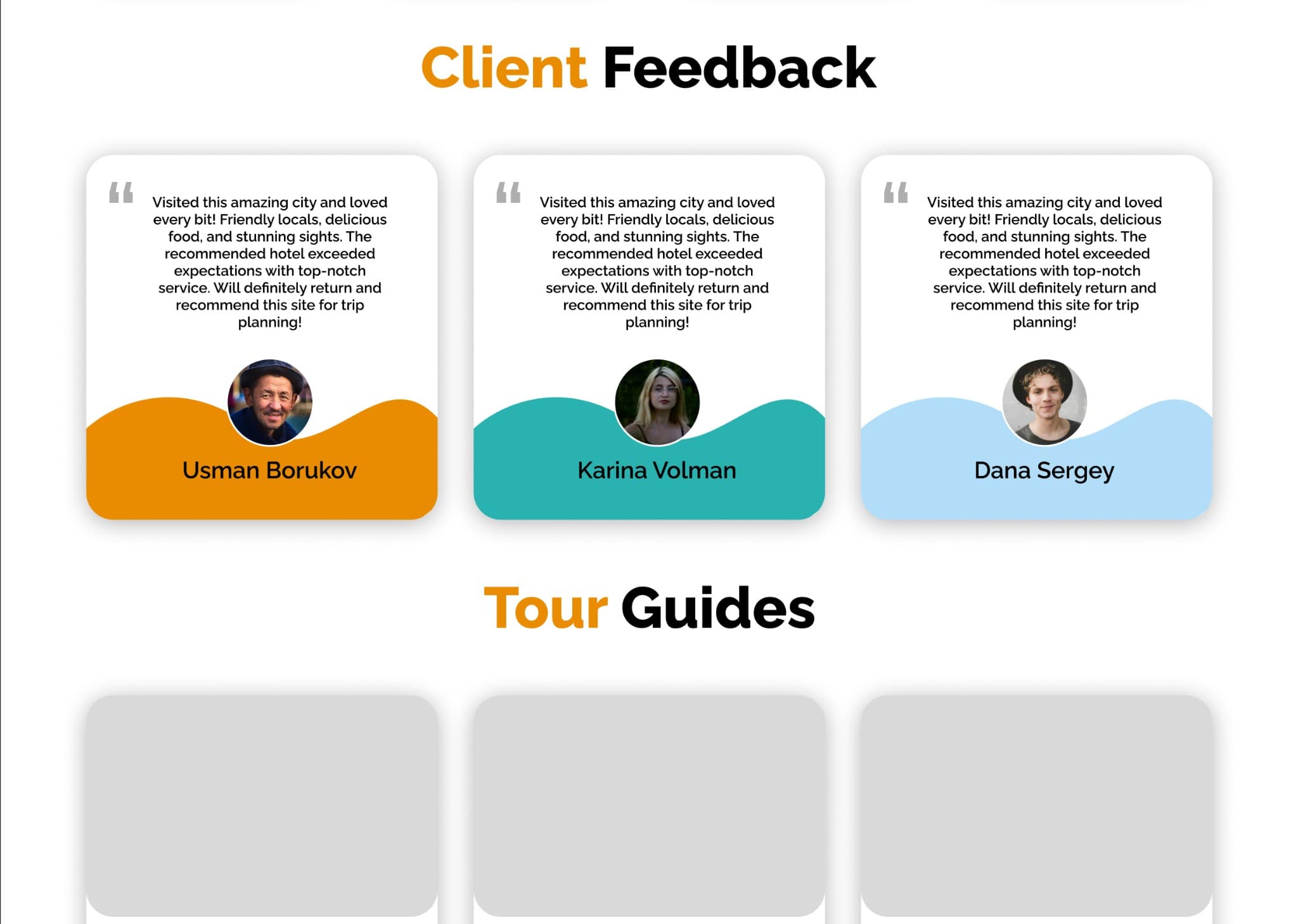 Client Feedback — 3 testimonial cards with wave‑shaped color backgrounds (orange/teal/blue): Usman Borukov, Karina Volman, Dana Sergey