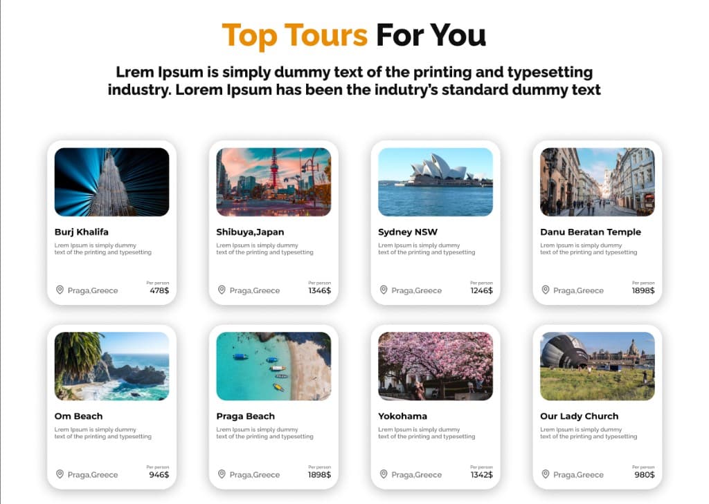 Top Tours — 4×2 grid: Burj Khalifa $478, Shibuya Japan $1346, Sydney NSW $1246, Danu Beratan Temple $1898, Om Beach $946, Praga Beach $1898, Yokohama $1342, Our Lady Church $980