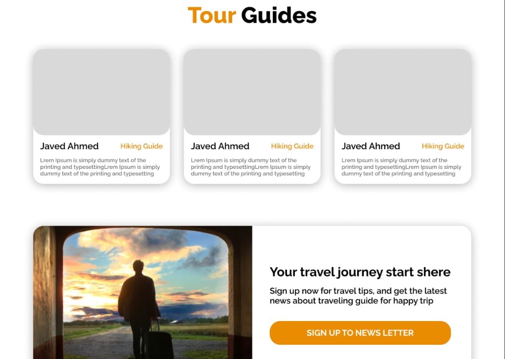 Tour Guides — 3‑column directory: Javed Ahmed (Hiking Guide) with bio, grey photo placeholders for pending uploads